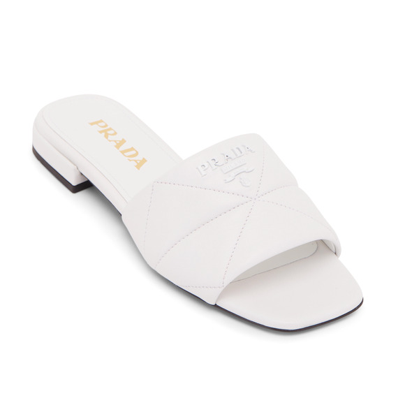 Prada White 55mm Quilted Nappa Leather Logo Slide Sandal Flat Sabots Mule 39.5 - Picture 1 of 16
